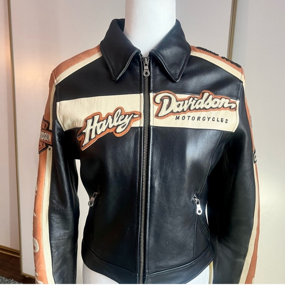 Harley-Davidson Women's Black and Tan Leather Jacket EUC Like New